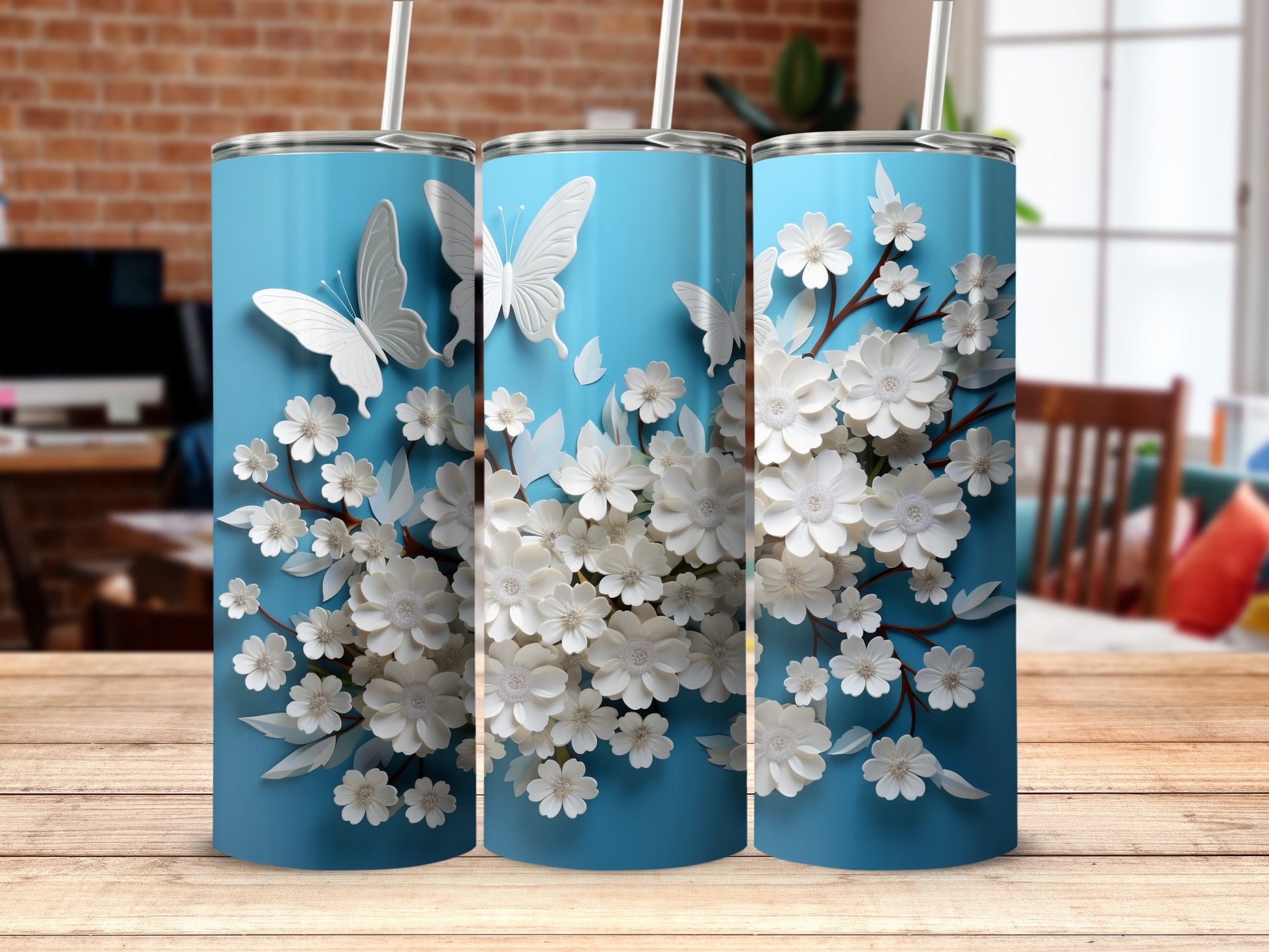 Elegant White Butterflies Blossoms Blue Tumbler product type