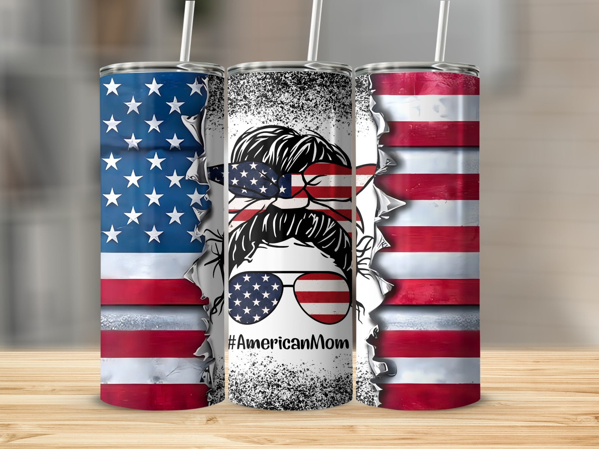 Three tumblers with American flag design and #AmericanMom graphic.