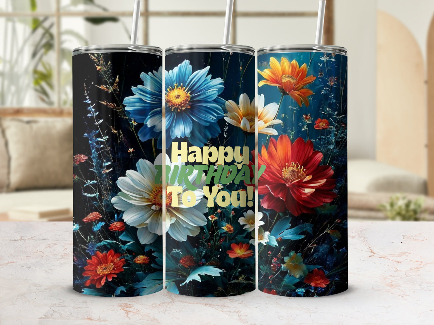 Birthday tumbler with vibrant floral design and "Happy Birthday to You!" text.