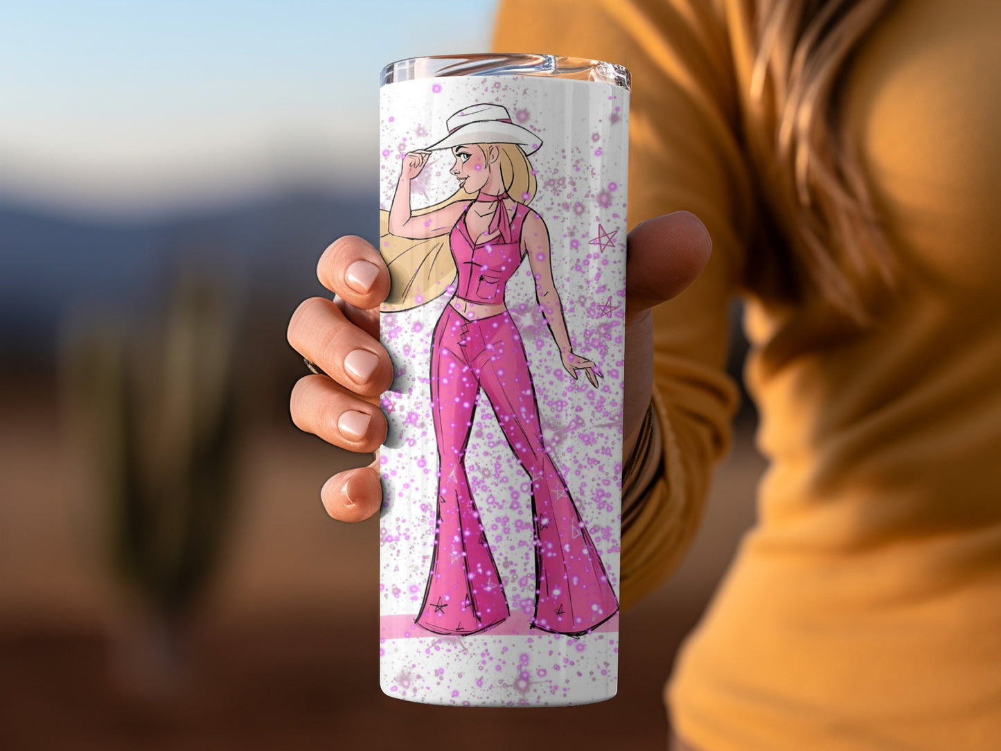 Barbie in Western Outfit Pink Sparkles Background Tumblers