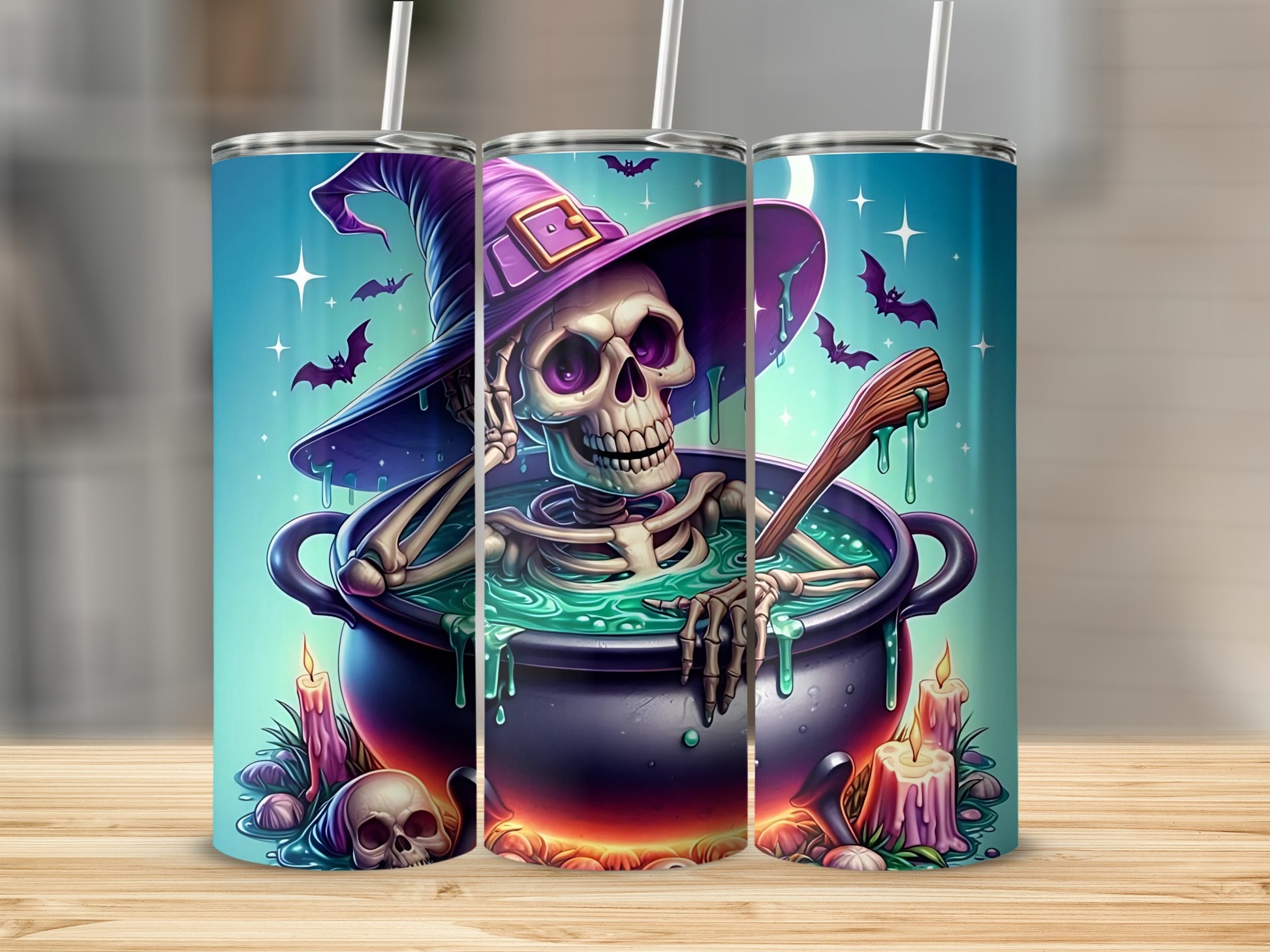 Skeleton in a cauldron with witch hat, bats, and candles on a Halloween themed tumbler.