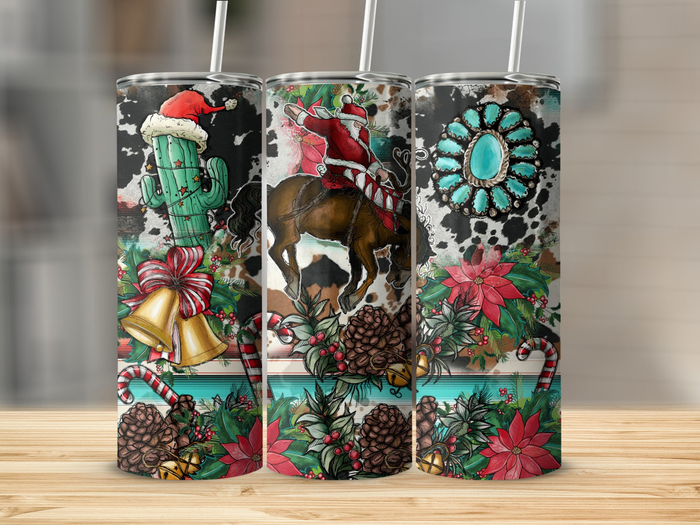 Santa on horseback with cacti, bells, poinsettias, and turquoise gemstone pattern.