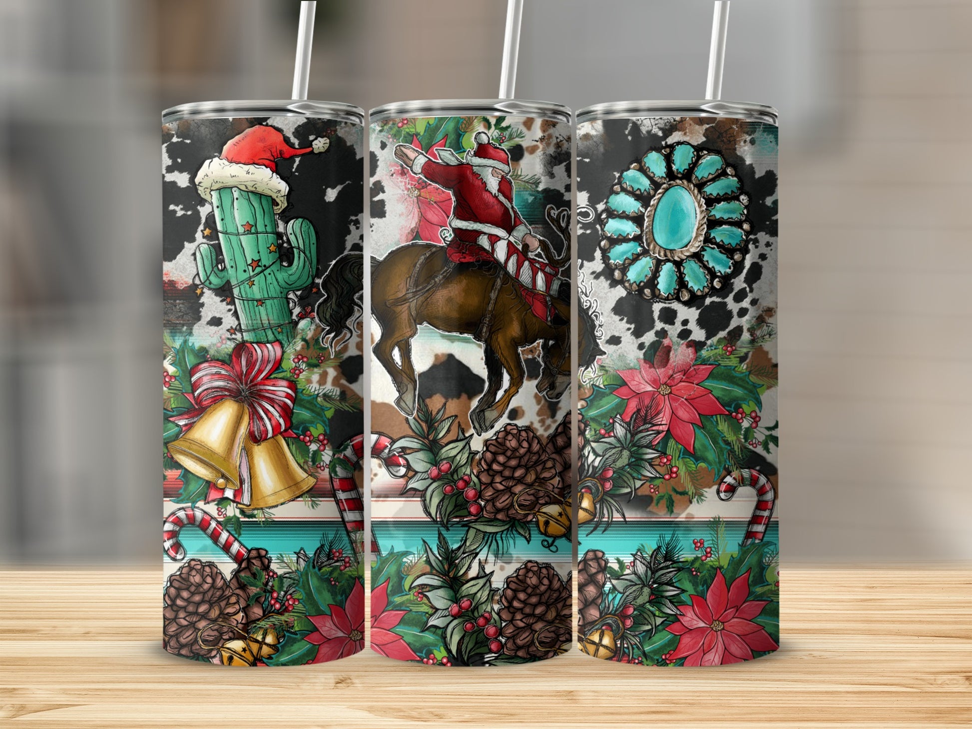 Santa on horseback with cacti, bells, poinsettias, and turquoise gemstone pattern.