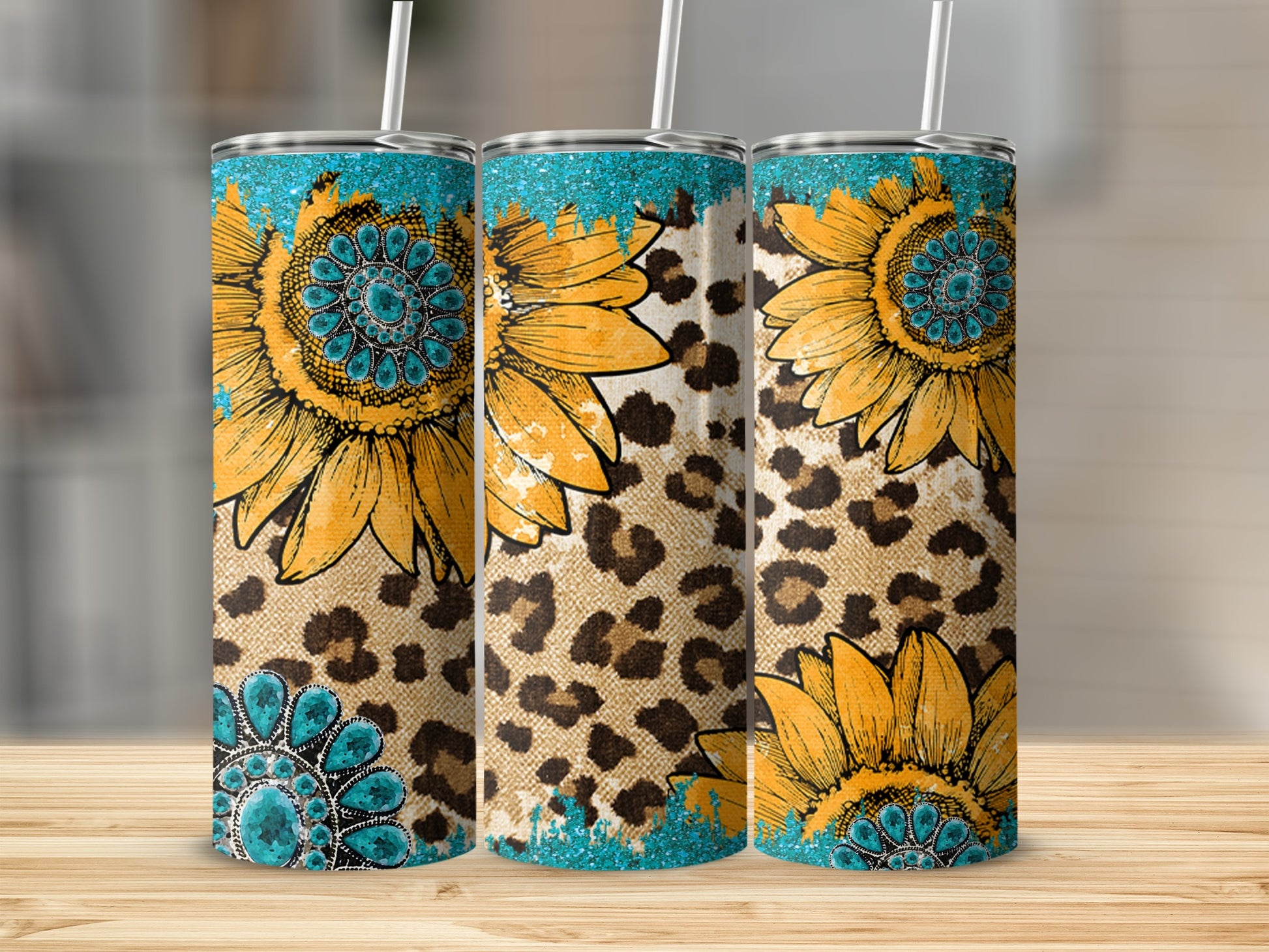 Sunflower and leopard print tumbler with turquoise accents.