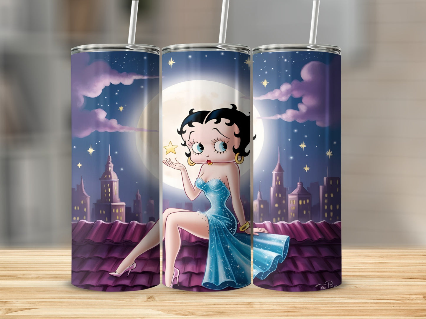 Betty Boop sits on a rooftop under a full moon.