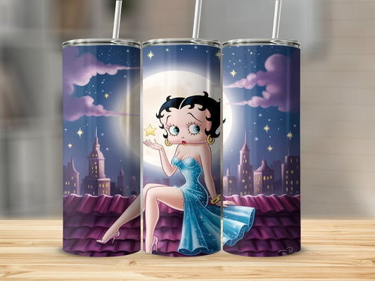 Betty Boop sits on a rooftop under a full moon.