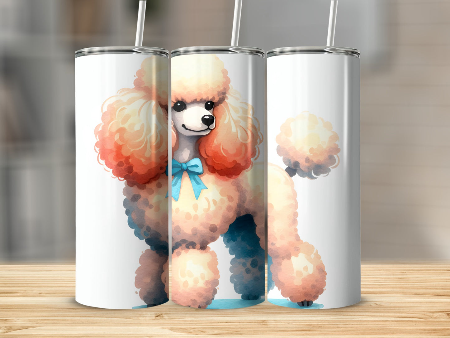 Three tumblers featuring a watercolor illustration of a pink poodle with a blue bow.