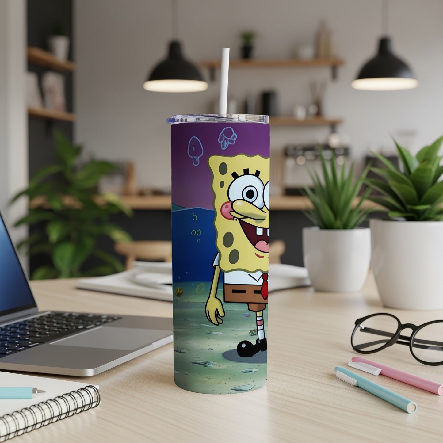 SpongeBob SquarePants standing on a sandy seabed with a straw in his head.