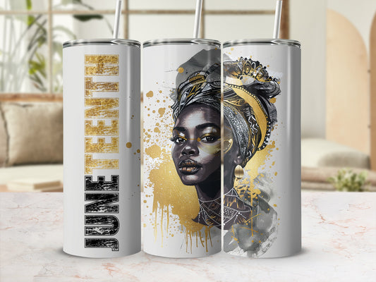 Tumbler with Juneteenth text and woman wearing head wrap.