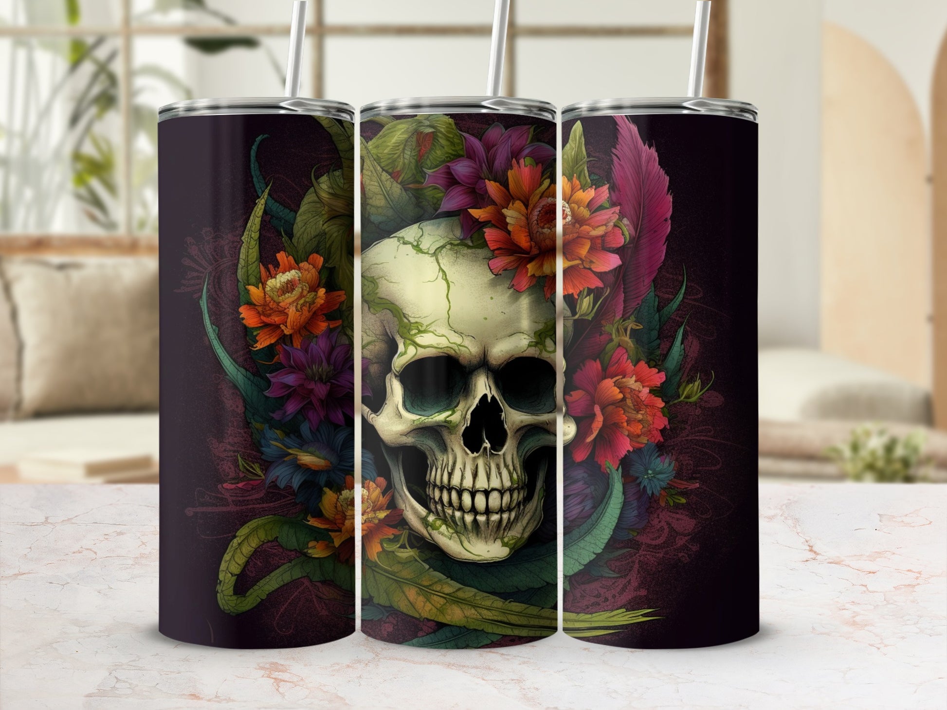 Floral Skull Design Custom Tumbler for Unique Style