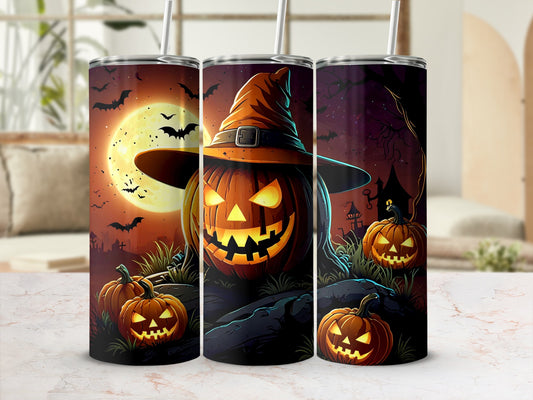Three Halloween-themed tumblers feature glowing jack-o'-lanterns and bats around a full moon.