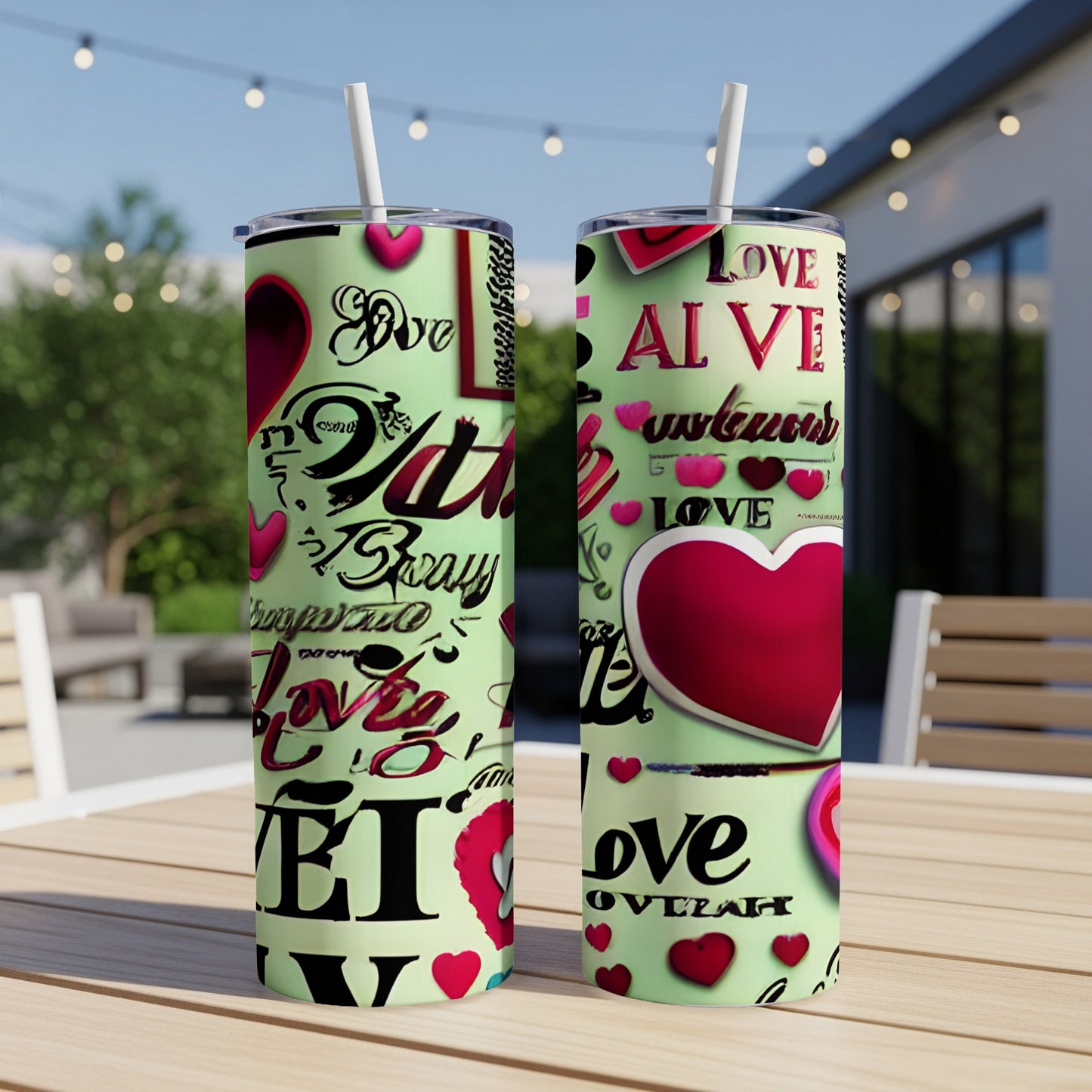 Two tumblers with a light green background and red heart and word art.