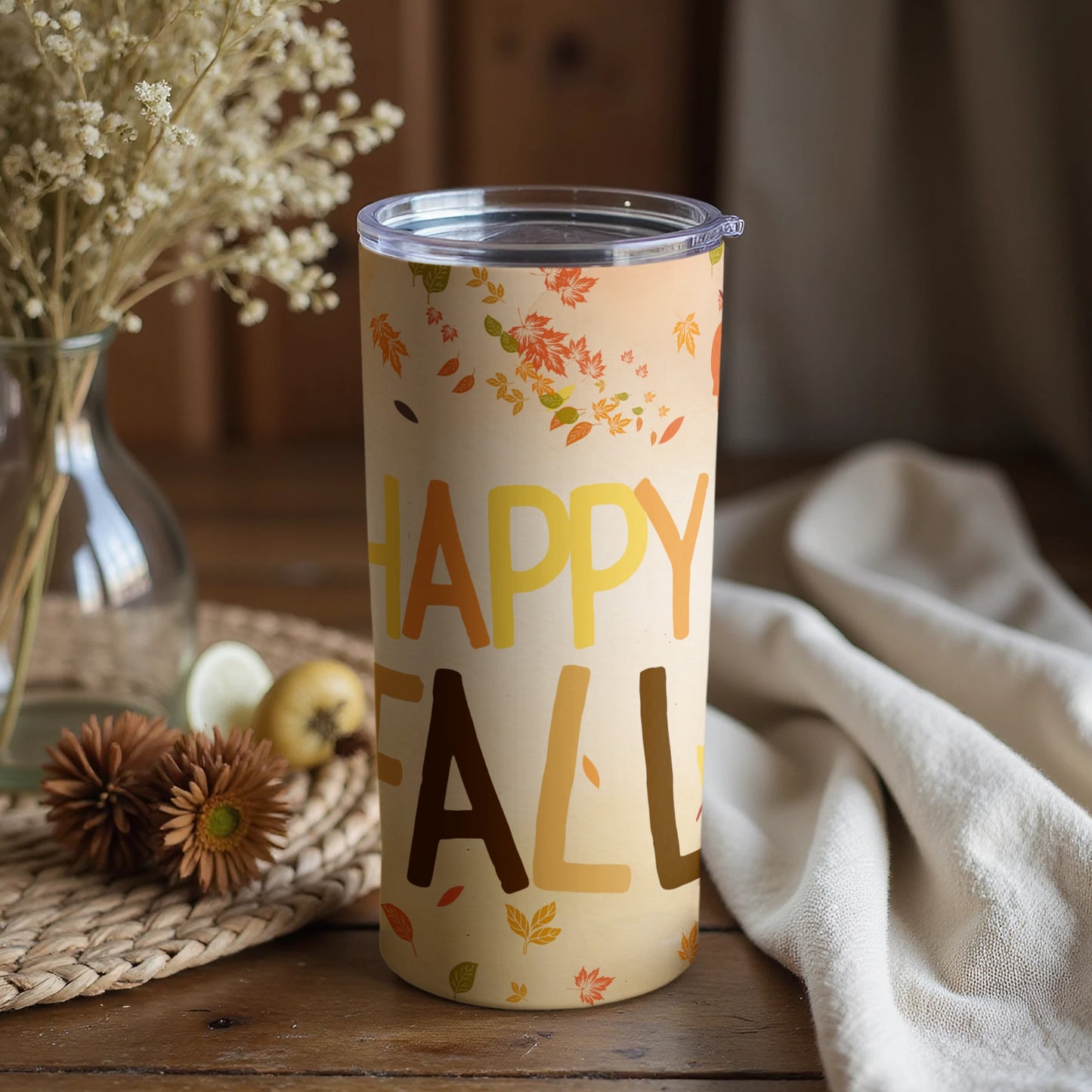 Happy Fall Tumbler with Autumn Leaves Design