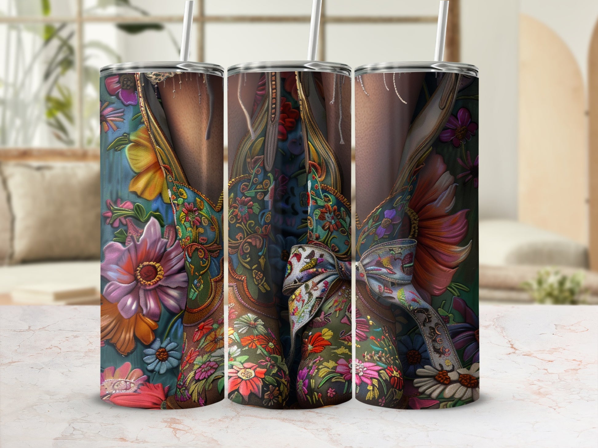 Triptych of a floral patterned cowboy boot tumbler with a straw.