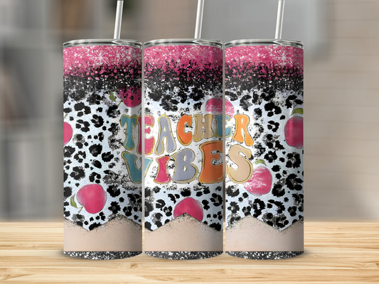 Three tumblers with leopard print, apple, and "Teacher Vibes" text.