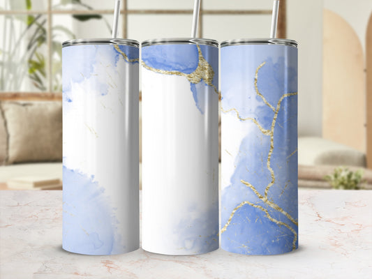 Three tumblers with a blue marble and gold abstract design.