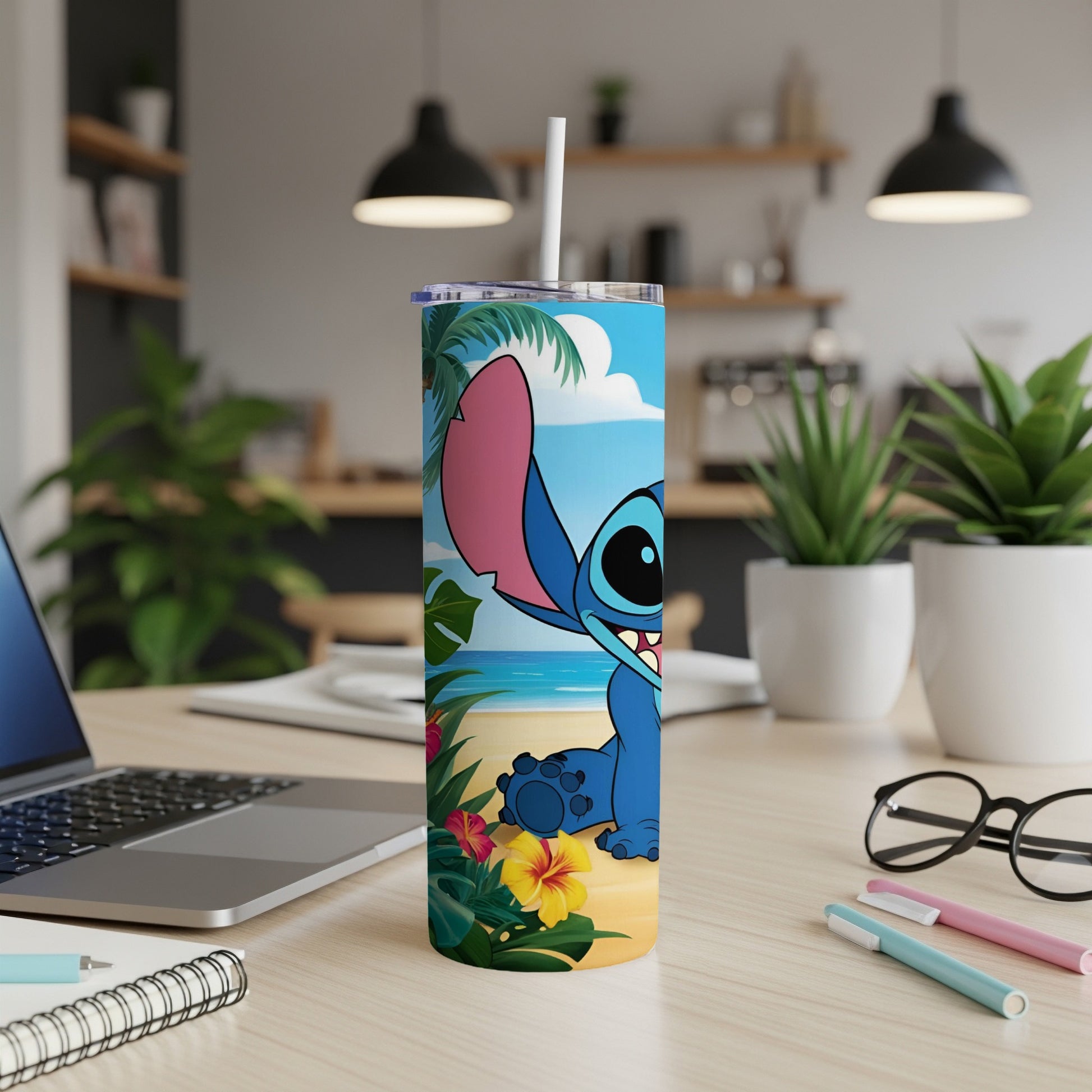 Blue alien Stitch character on tropical beach design on a white tumbler cup.