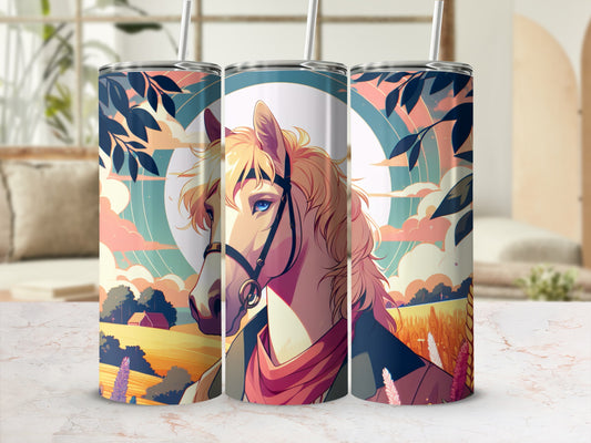 Triptych of a horse's head against a farm landscape and stylized sun.