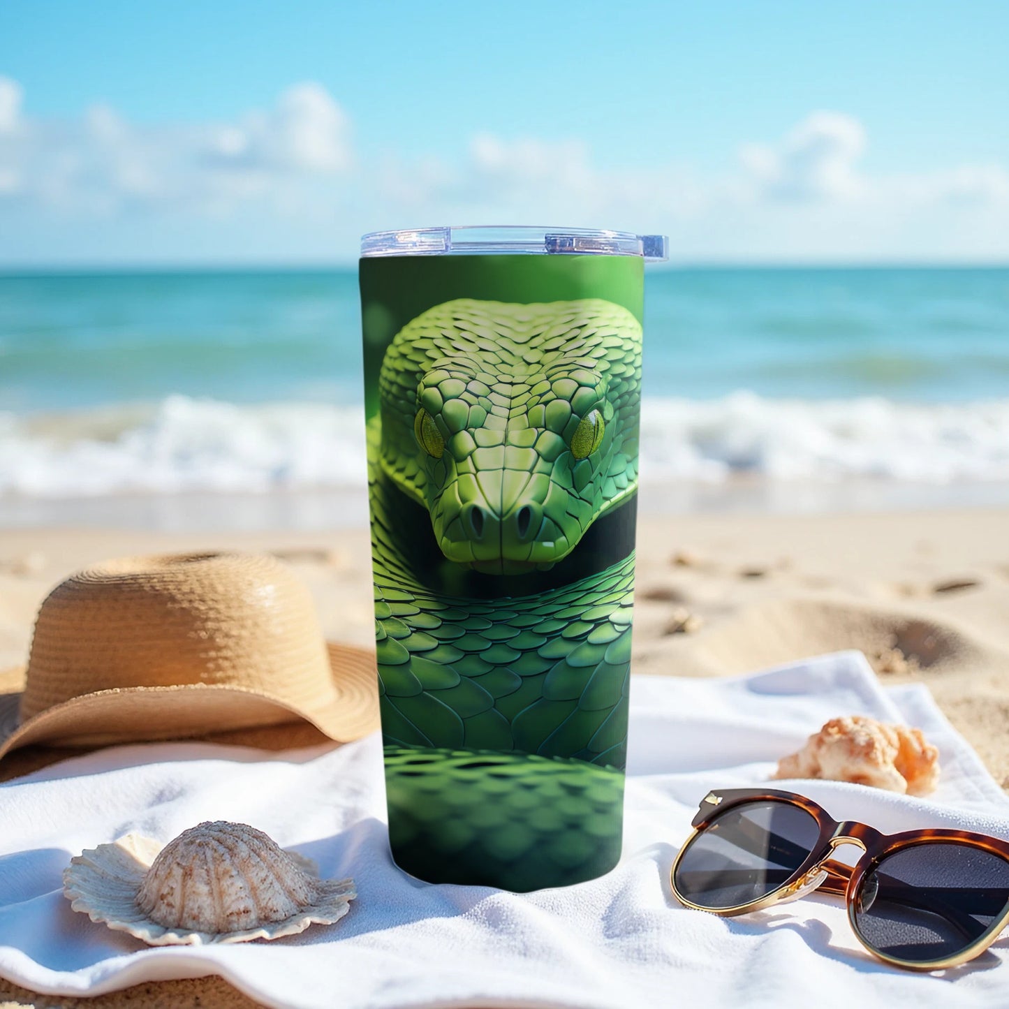 Fierce Green Snake Head Beach Ocean Tumbler product type
green snake
viper head
reptile art
scales pattern
ocean theme
beach life
tropical vibes
tumbler cup
drinkware gift
summer essential
animal print
wildlife design
exotic creature
unique tumbler
travel mug
vacation gear
nature inspired
adventure ready
eye catching
snake lover