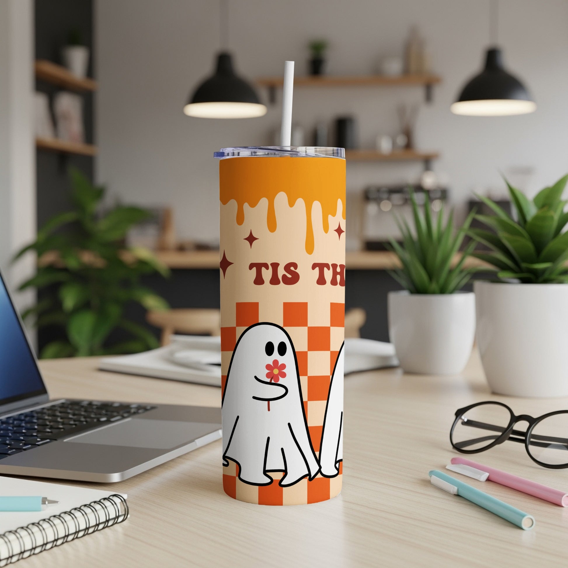 Halloween tumbler with ghosts and the text "Tis Th".