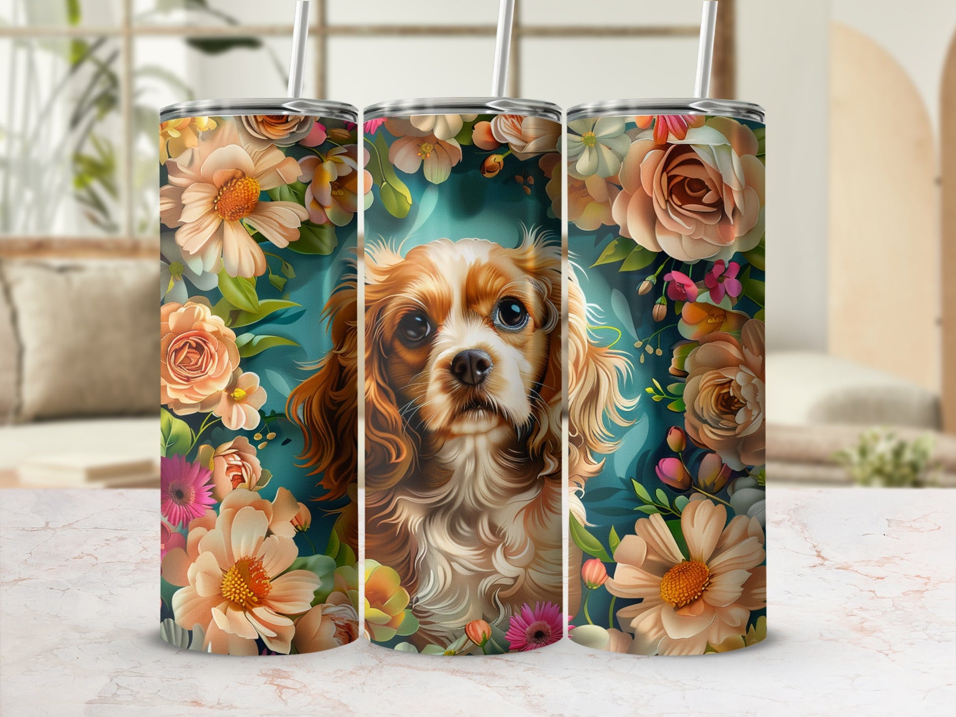 Three tumblers with floral and Cavalier King Charles Spaniel dog designs.