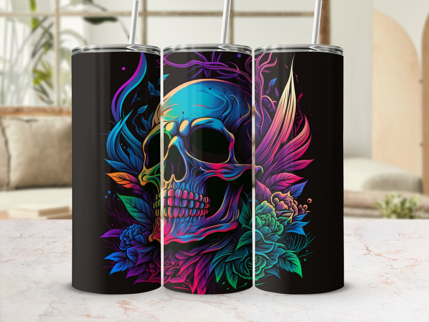 Colorful Skull and Flowers Design Tumbler Product