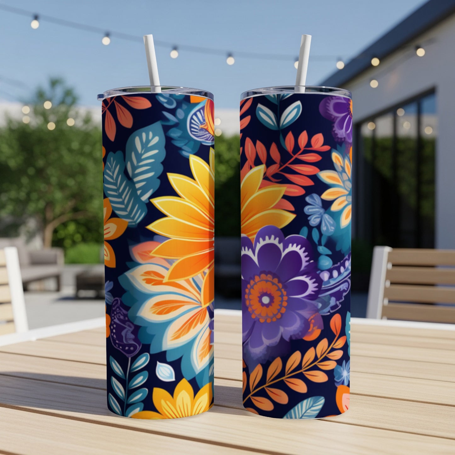 Two tumblers with a dark blue background and vibrant floral pattern.