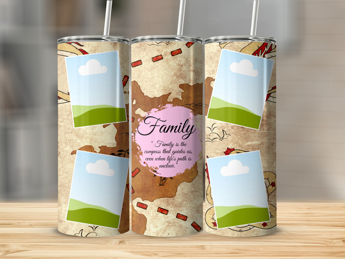 Tumblers with map design and family quote: "Family is the compass that guides us..."