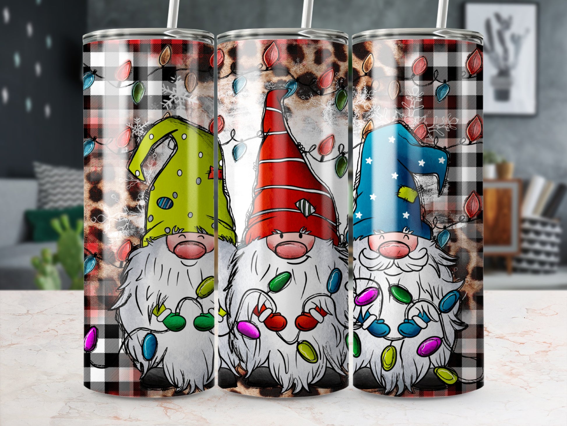 Three gnomes with Christmas lights against a plaid and leopard print background.