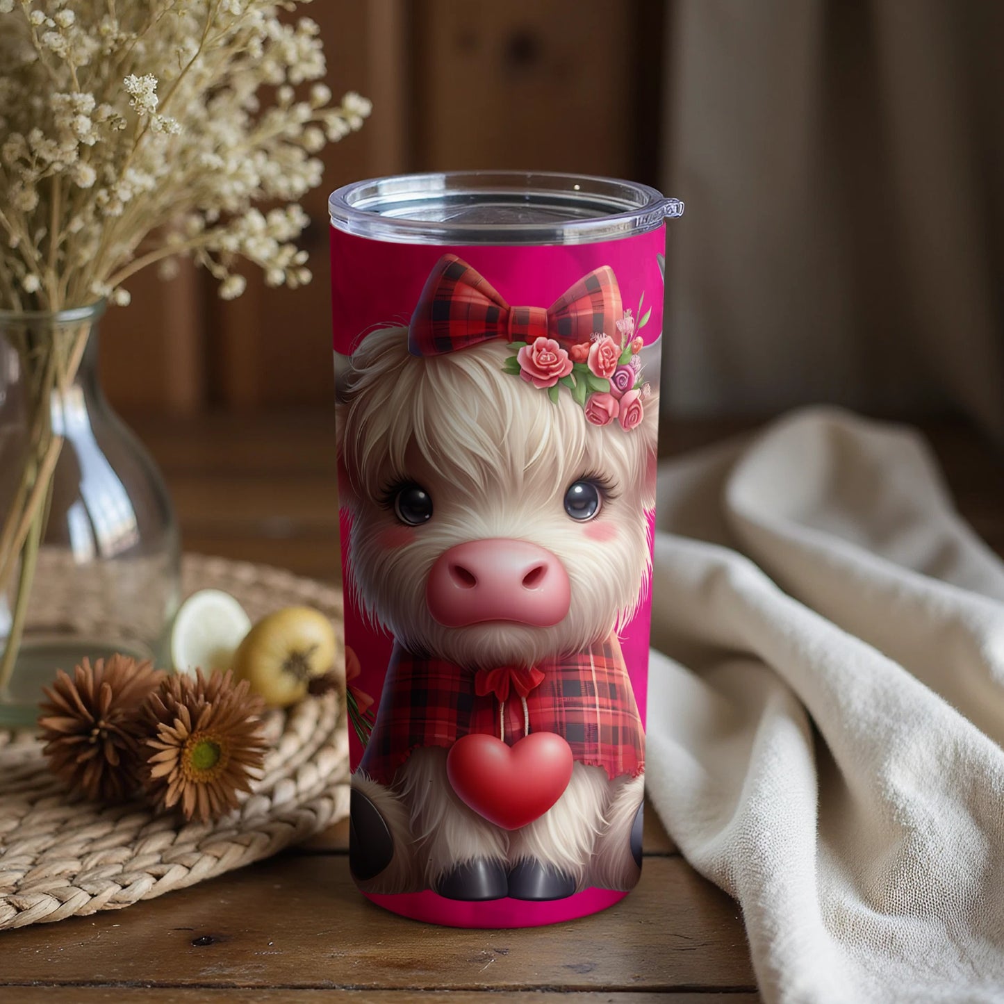 Cute Highland Cow with Red Plaid Heart Tumbler