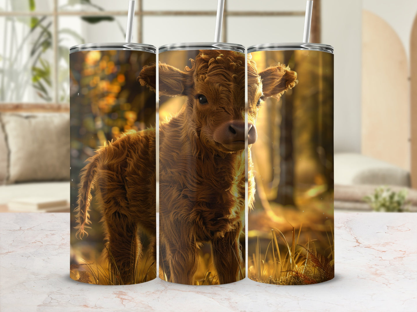 Three tumblers featuring a fluffy, brown Highland cow calf in a sunlit field.