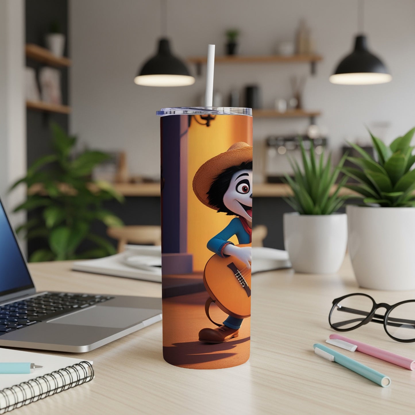 Cartoon mouse in a hat playing guitar on a tumbler.