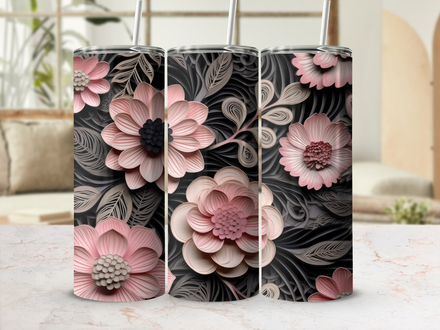 Three pink floral tumblers with stylized gray leaves and stems.