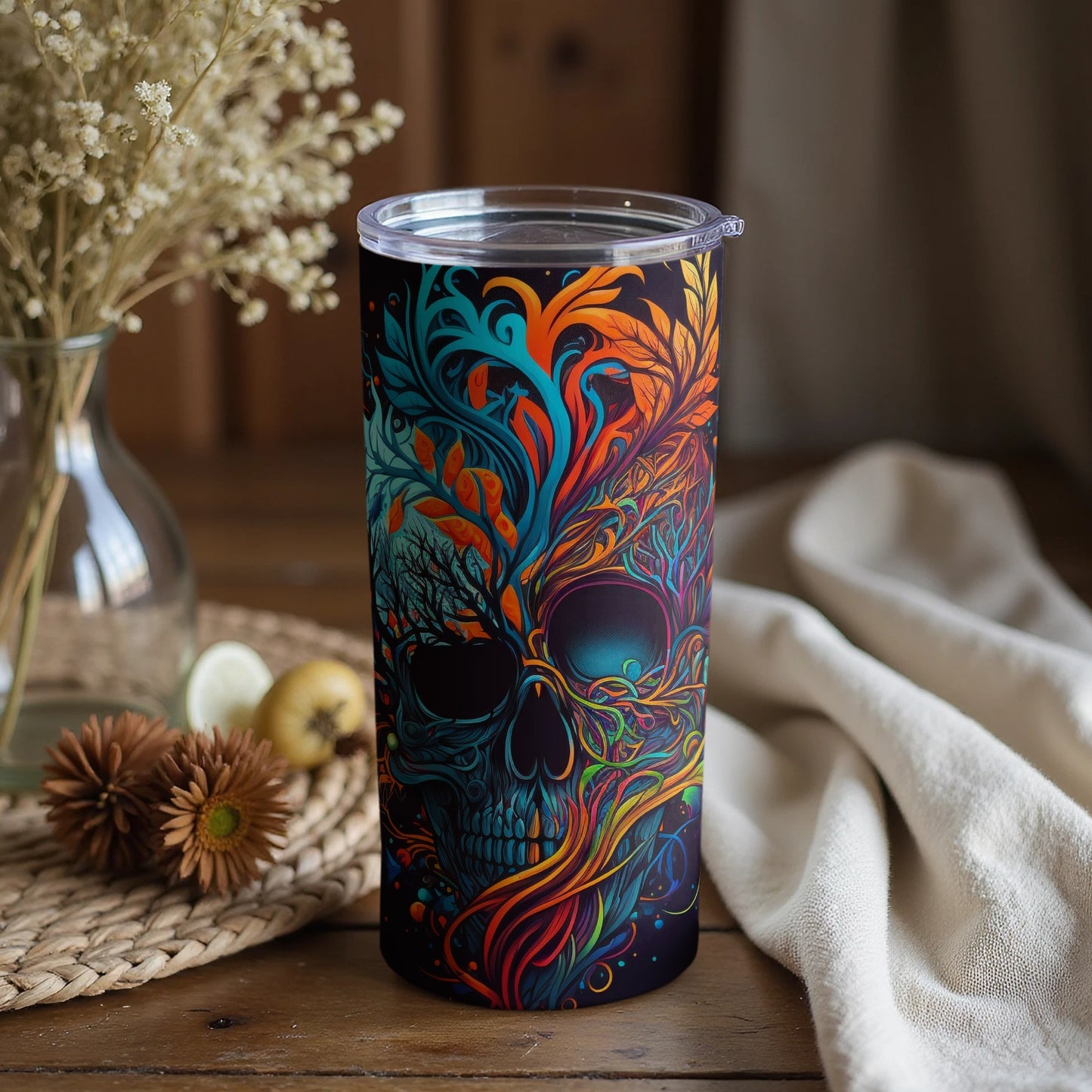 Vibrant Floral Skull Design Travel Tumbler for Drink