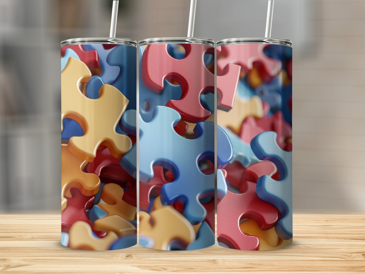Three tumblers with a colorful, abstract puzzle piece pattern.
