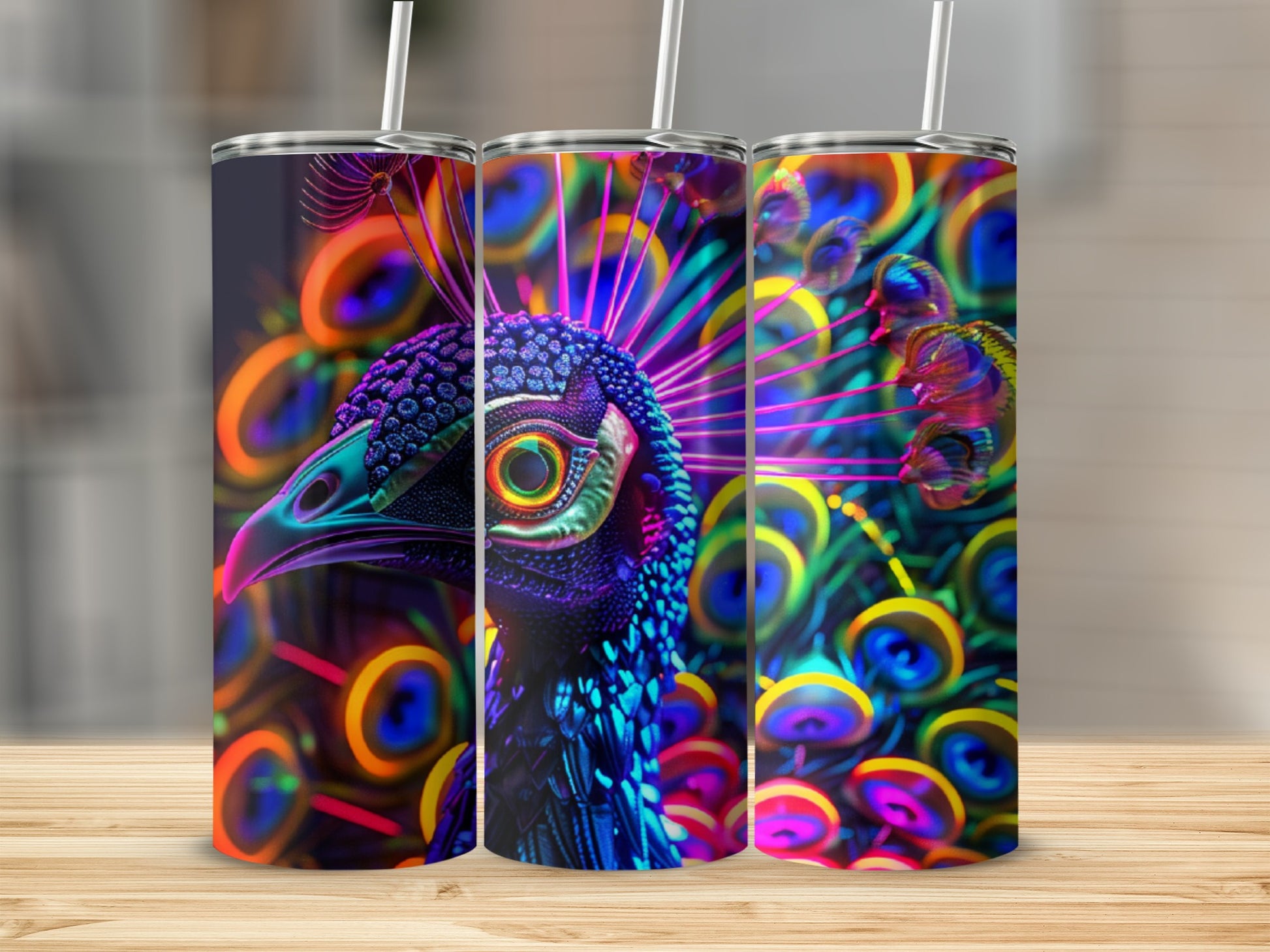 Three tumblers featuring a colorful, neon-style peacock feather design.