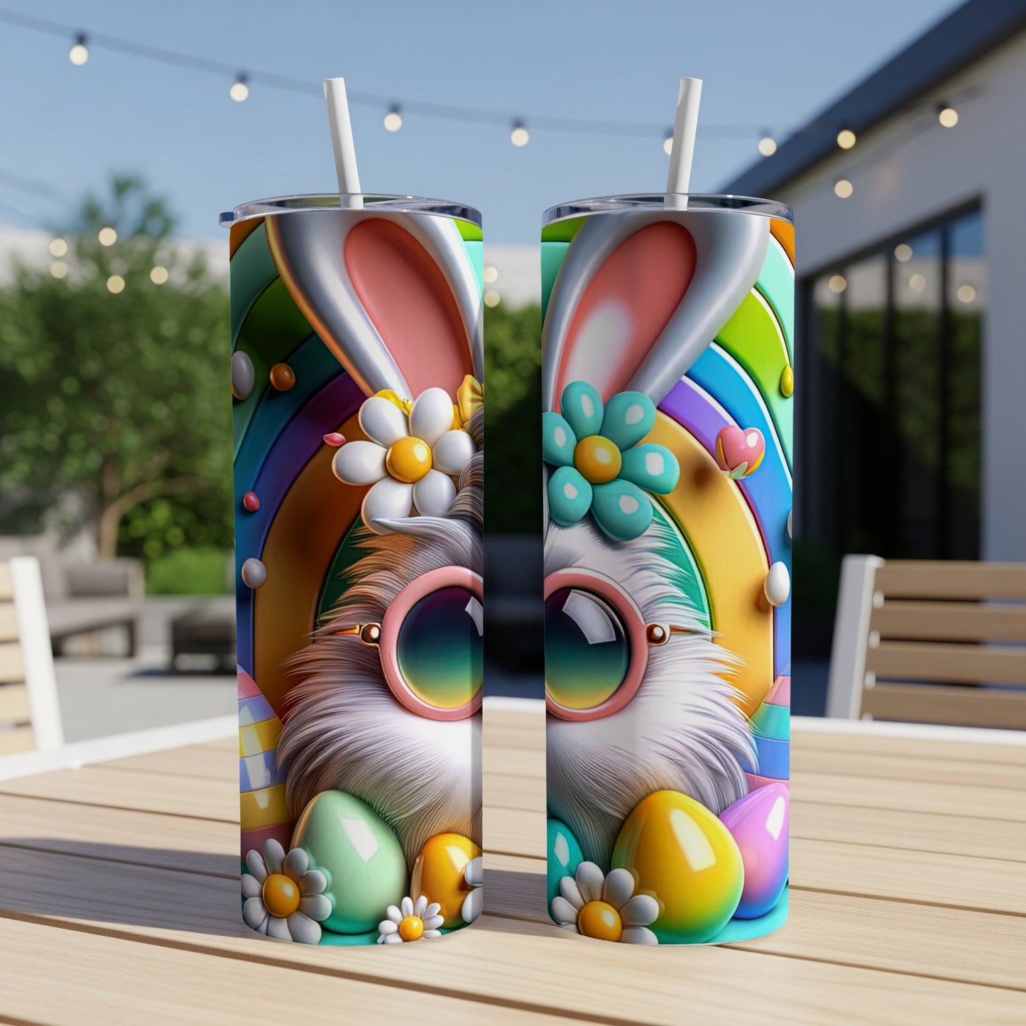 Easter bunny tumbler with sunglasses and rainbow background.