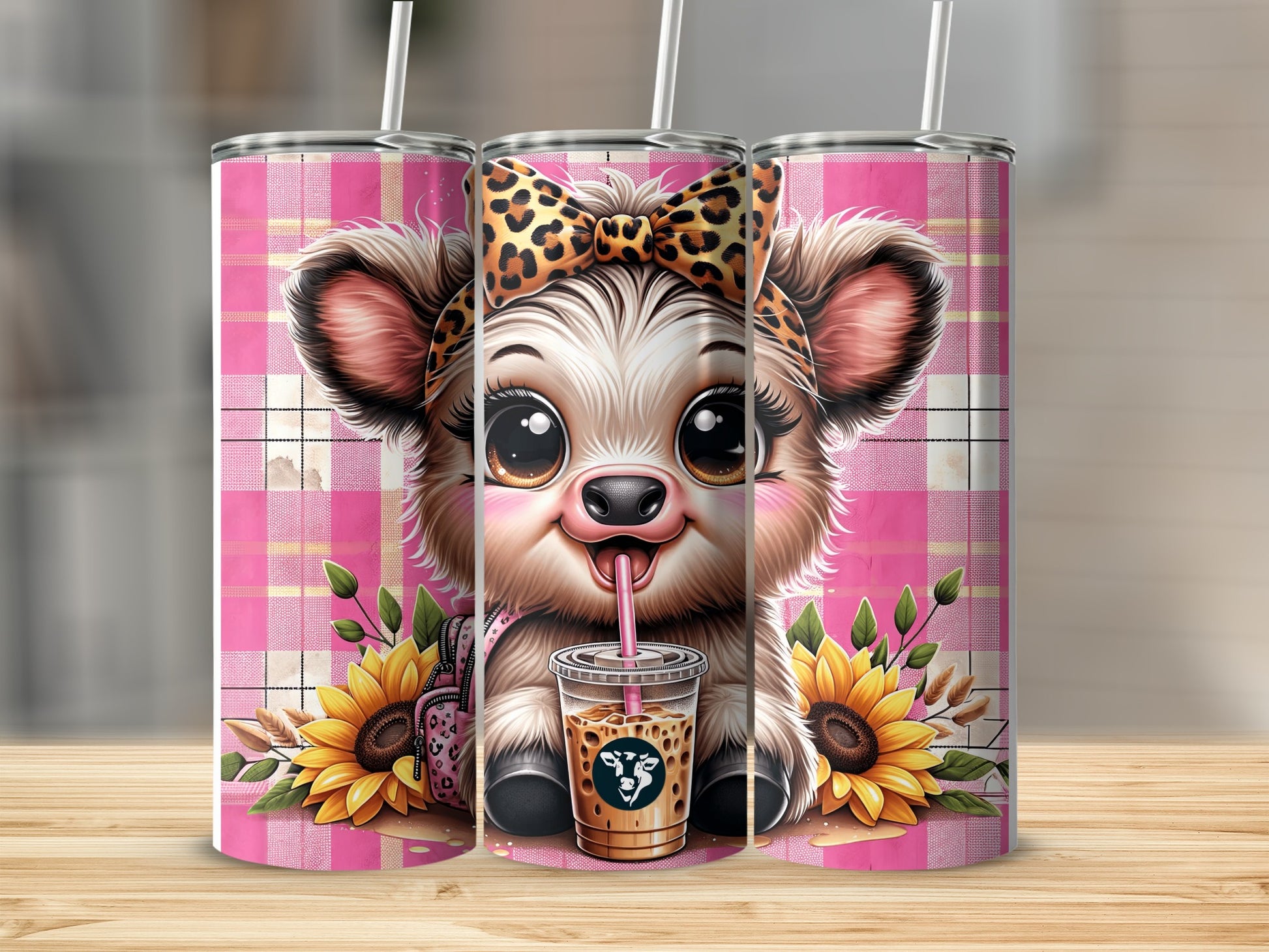 Cute cow with sunflowers and coffee cup on pink plaid background.