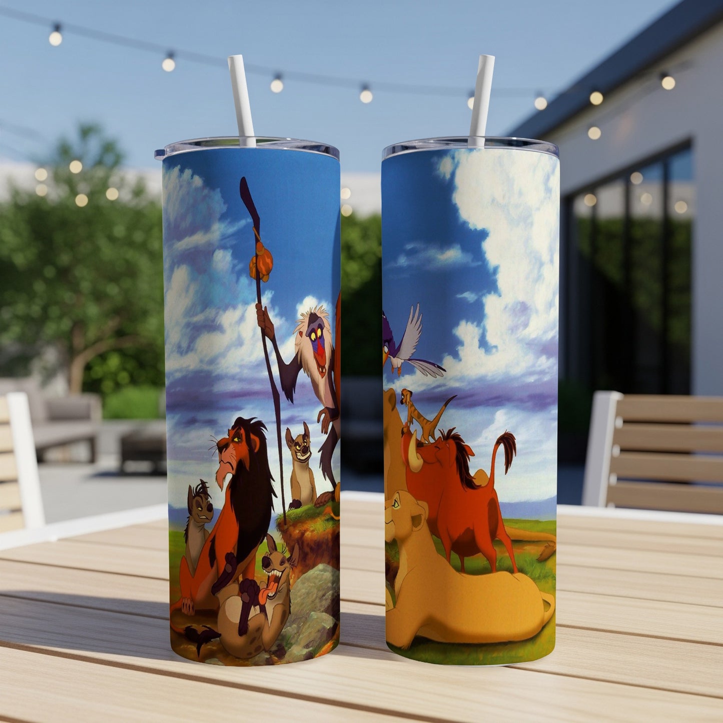 The Lion King characters Scar, Simba, Nala, Timon, Pumbaa, and Zazu on a tumbler.