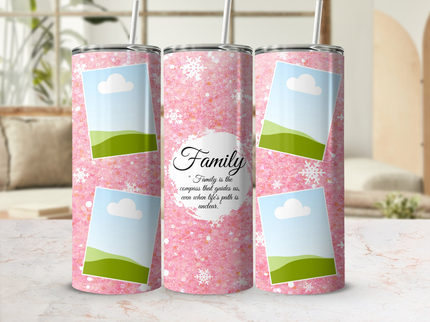 Pink glitter tumbler with snowflakes and photo placeholders, reads "Family."