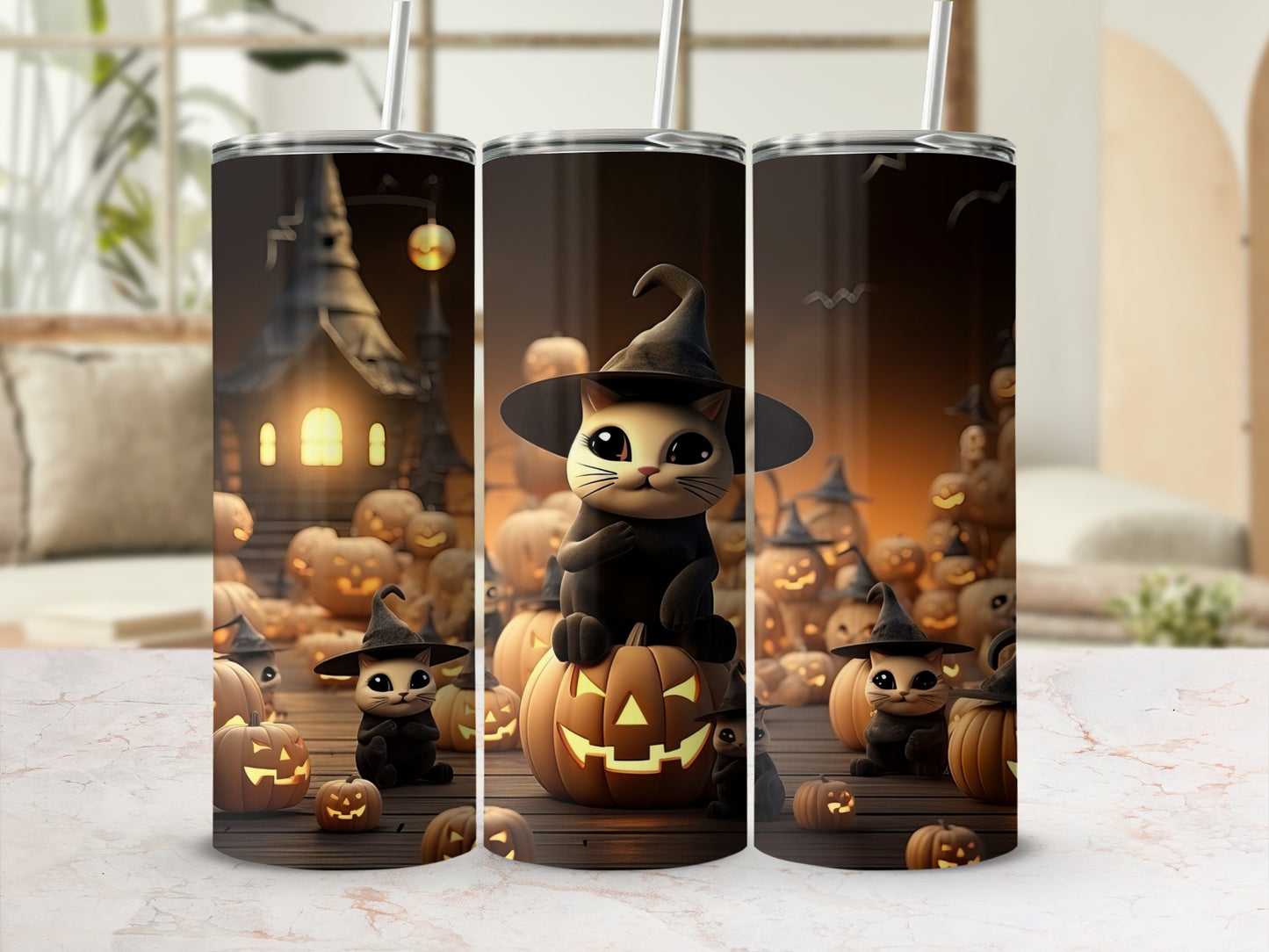 Halloween cats with witch hats sit amongst carved pumpkins and spooky scenery.