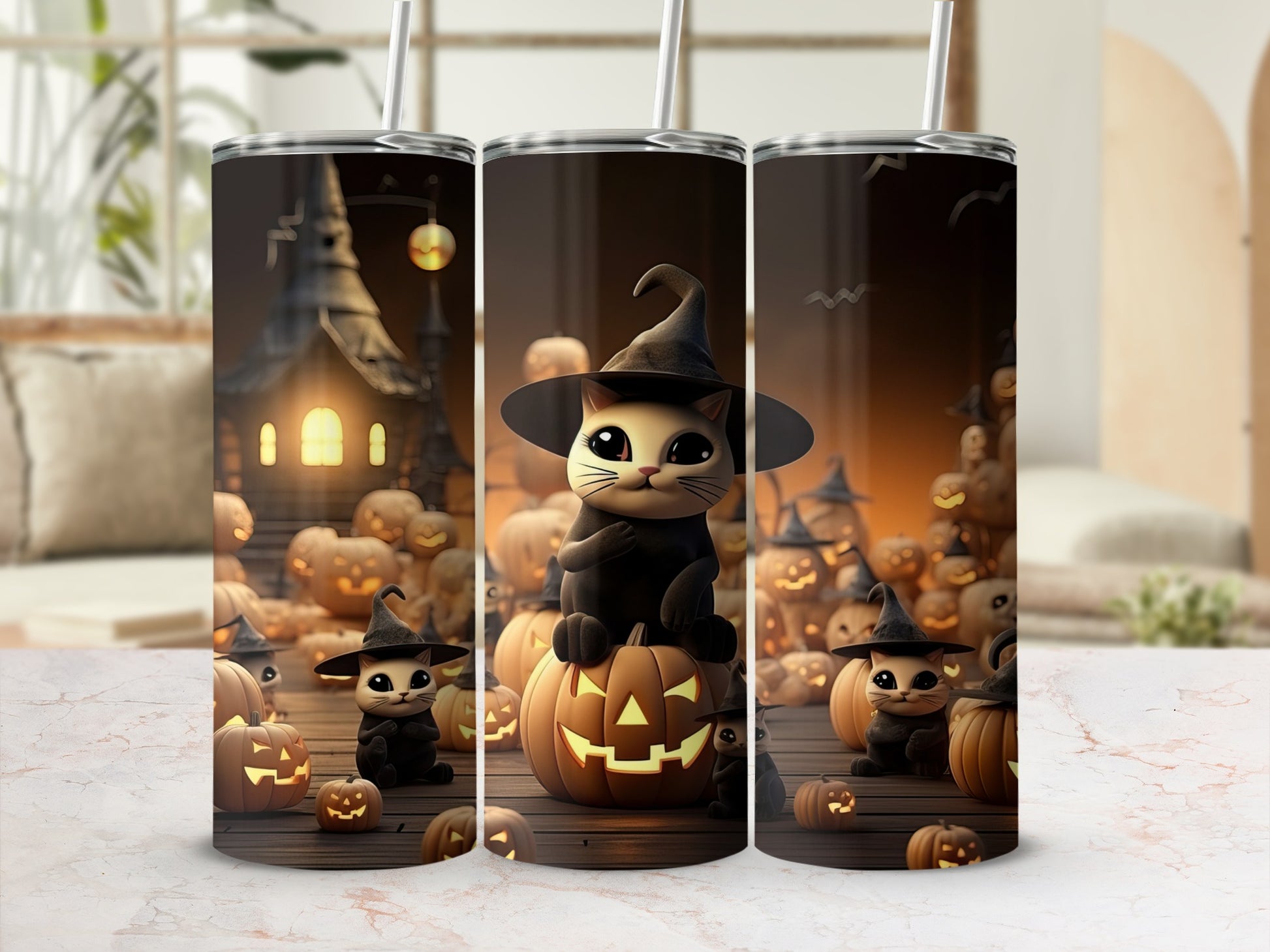 Halloween cats with witch hats sit amongst carved pumpkins and spooky scenery.