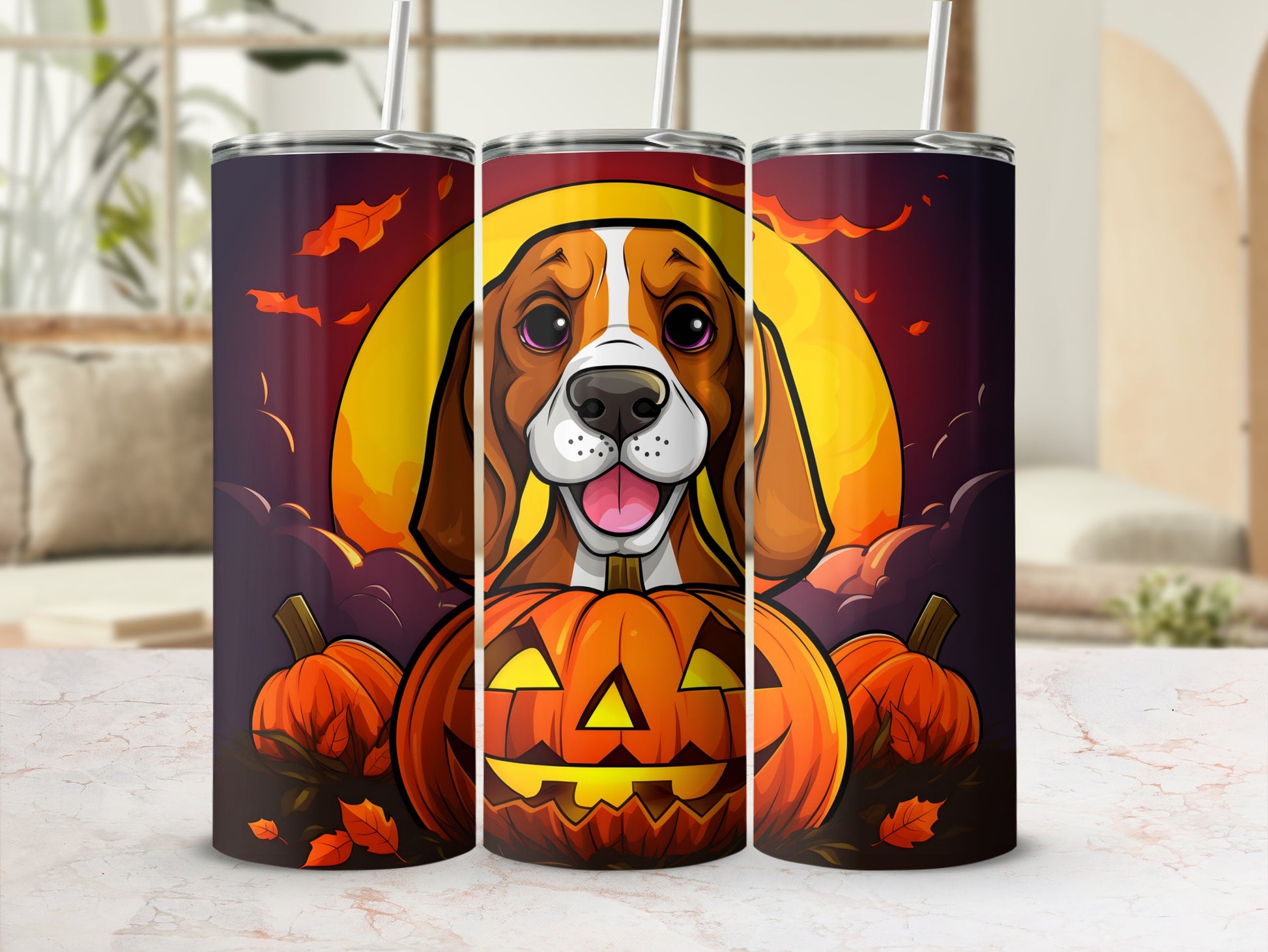 Three tumblers with a Halloween beagle design and jack-o'-lanterns.