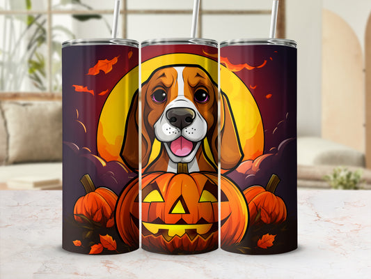 Three tumblers with a Halloween beagle design and jack-o'-lanterns.