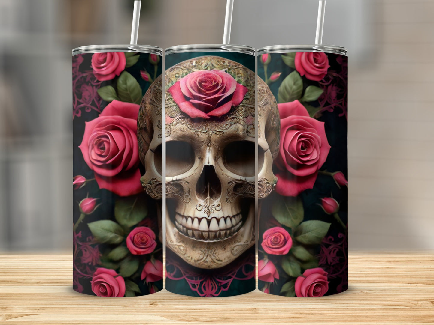 Skull with roses, surrounded by floral patterns on a tumbler.