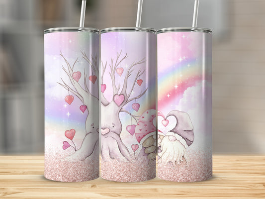 Magical Rainbow Gnome and Tree Heart Tumbler