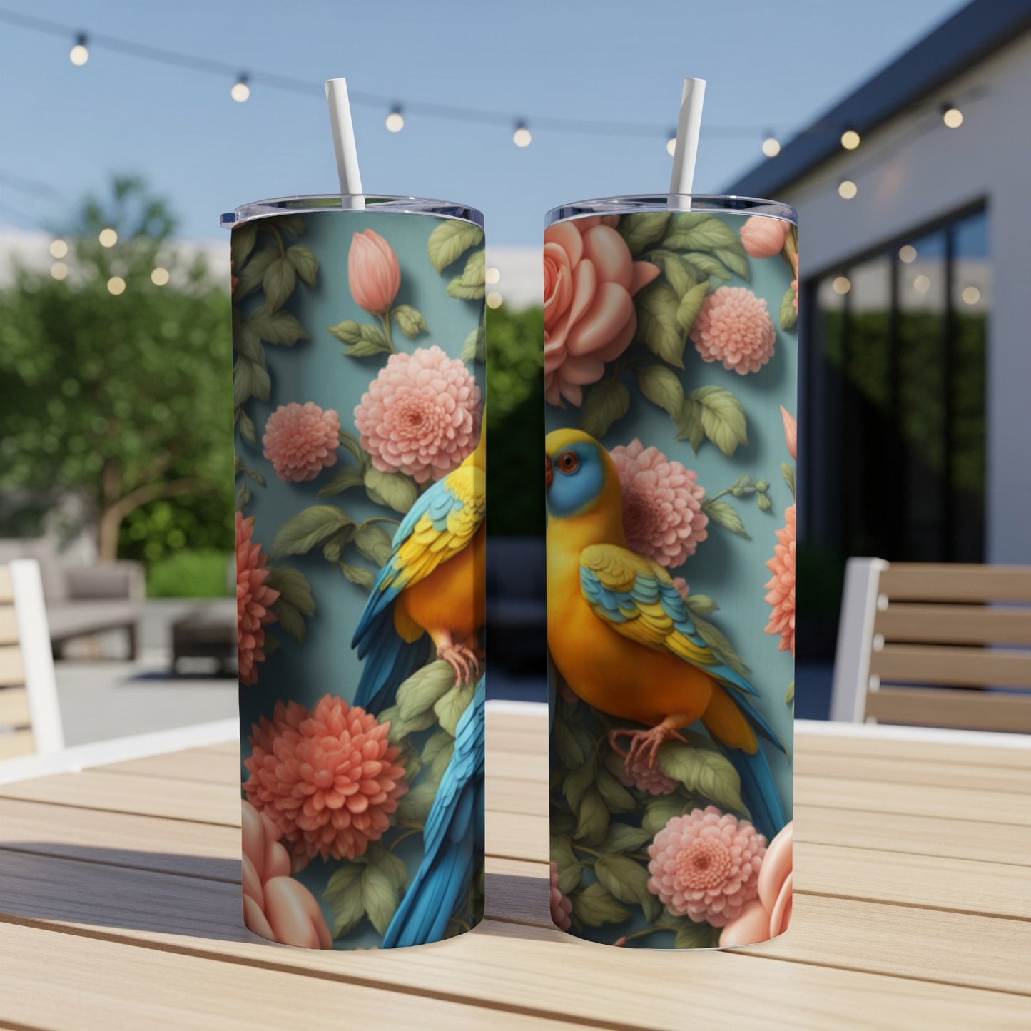 Two parrots perch amongst pink flowers and green leaves on a teal background.