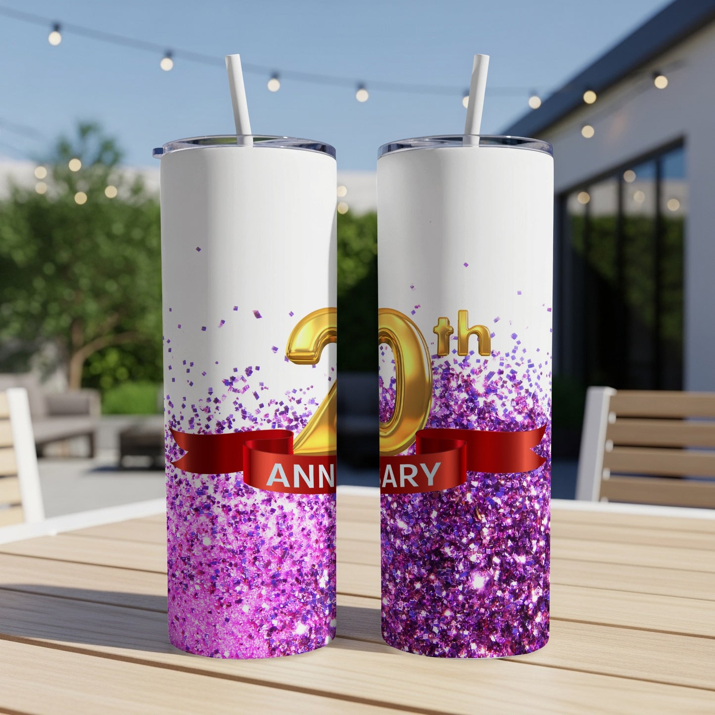 Two tall tumblers with "20th Anniversary" and purple glitter.