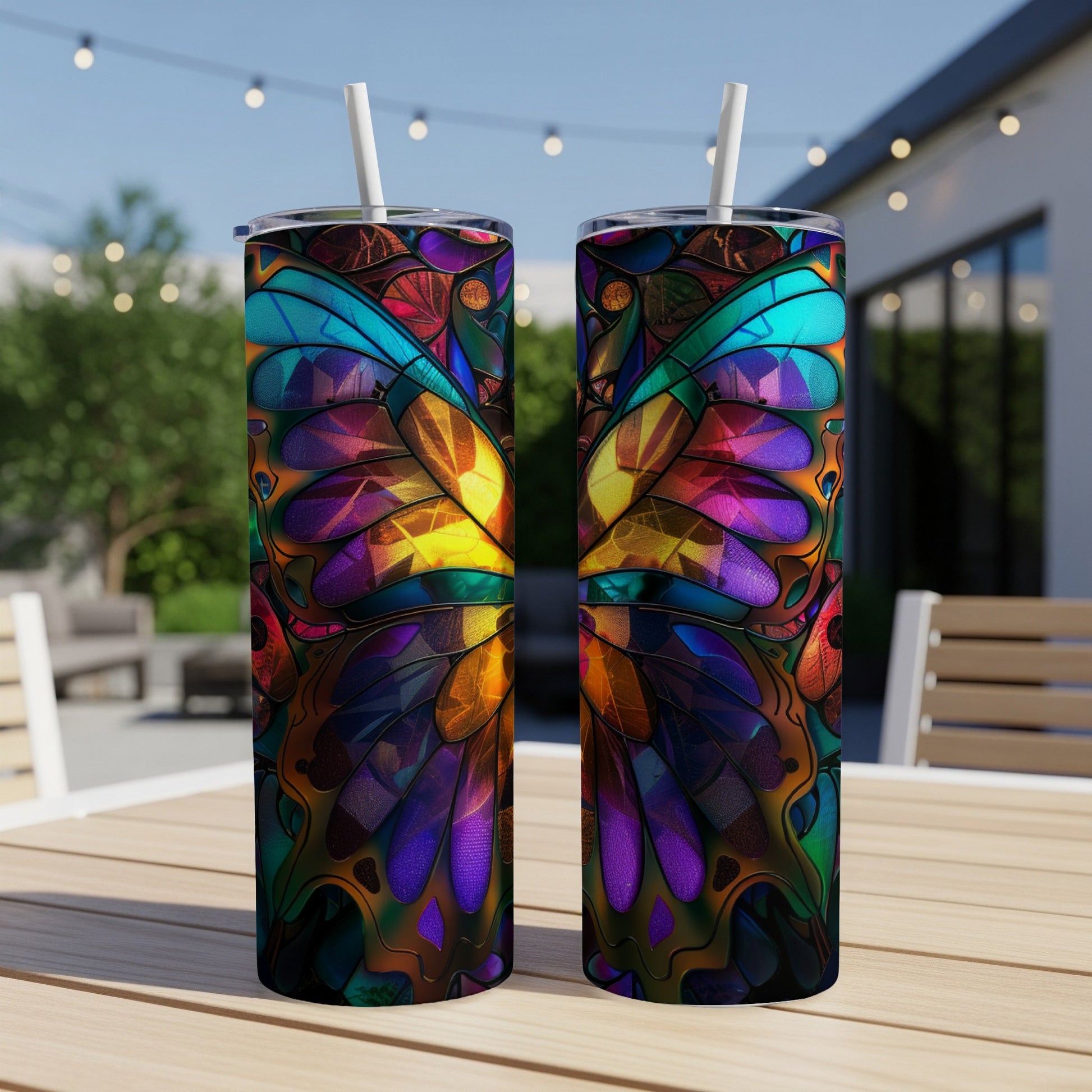 Two tall tumblers with stained-glass butterfly wing designs.