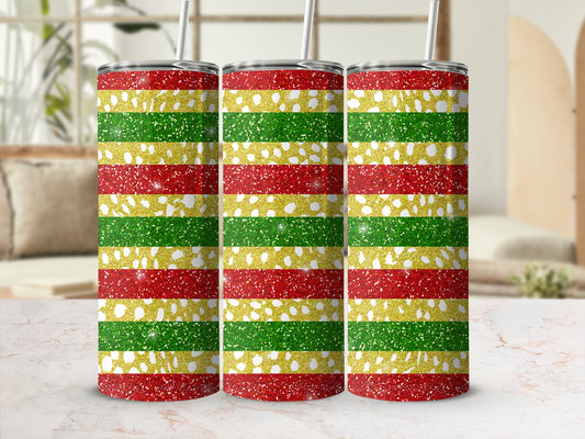 Three glittery tumblers with red, gold, and green horizontal stripes.